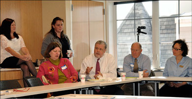 Attendees at the inaugural meeting of the Great Swamp Upper Passaic Municipal Alliance discuss shifting demographic trends that are changing old approaches to municipal land-use planning. Pictured (I to r): Sally Rubin (Executive Director, Great Swamp Watershed Association); Debra Gottsleben (Alternate, Town of Morristown Planning Board); Hazel England (Director of Education & Outreach, Great Swamp Watershed Association); John J. Delaney, Jr. (former Mayor, Town of Morristown, and Law Partner, Lindabury, McCormick, Estabrook & Cooper); Bill Leavens (Member, Washington Township Planning Board); Alison Deeb (Member, Town of Morristown Council) . Credit: S. Reynolds/GSWA