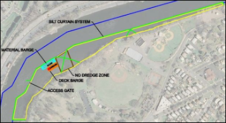 A diagram depicting the arrangement of silt curtains around the RM 10.9 site. 