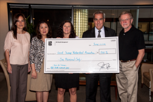 RBC Wealth Management Parsippany Complex representatives present a check for $1,000 raised at the Tour de Swamp spinning fundraiser on June 3. From left to right: RBC Administrative Complex Manager Amy Antonellis, RBC Vice President & Assistant Complex Manager Rosa de la Rosa-Urtula, GSWA's Executive Director Sally Rubin, RBC Complex Director Eric Siber, and GSWA's Director of Coporate & Foundation Relations Rick Porter. Credit: GSWA/S. Reynolds
